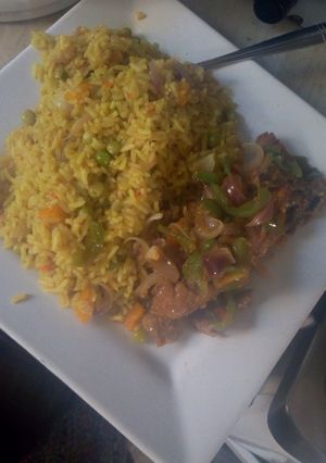 A picture of Fried rice with shredded beef.