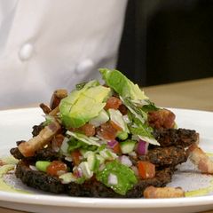 A picture of Quinoa-Kale pancakes with vegetable relish recipe.