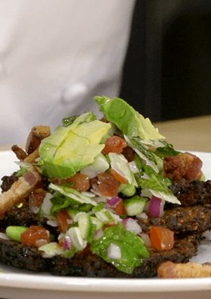 A picture of Quinoa-Kale pancakes with vegetable relish recipe.