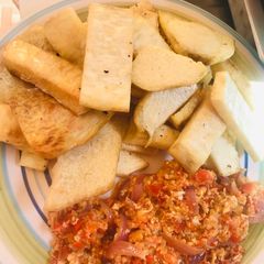 FRIED YAM with EGG SOURCE A picture of FRIED YAM with EGG SOURCE.