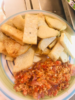 A picture of FRIED YAM with EGG SOURCE.
