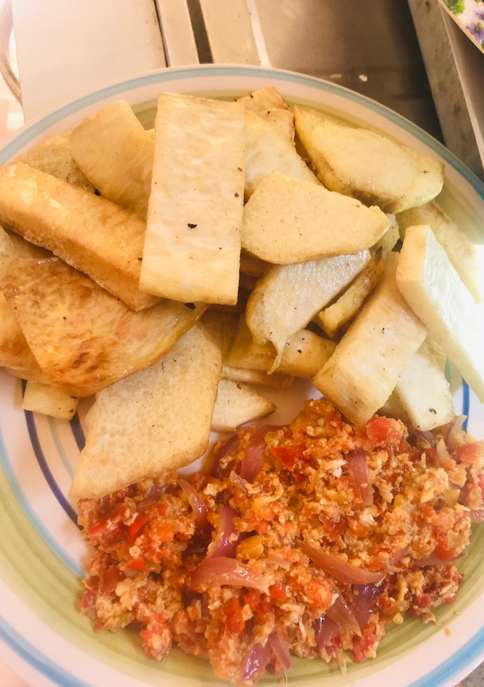 A picture of FRIED YAM with EGG SOURCE.