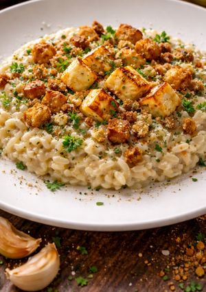 Foto de Risoto Cremoso de Alho Assado com Queijo Coalho e Crocante de Pão Italiano