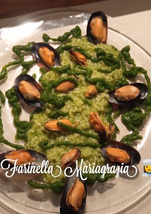 A picture of Gourmet Risotto with Fresh Broccoli Purée and Mussels.