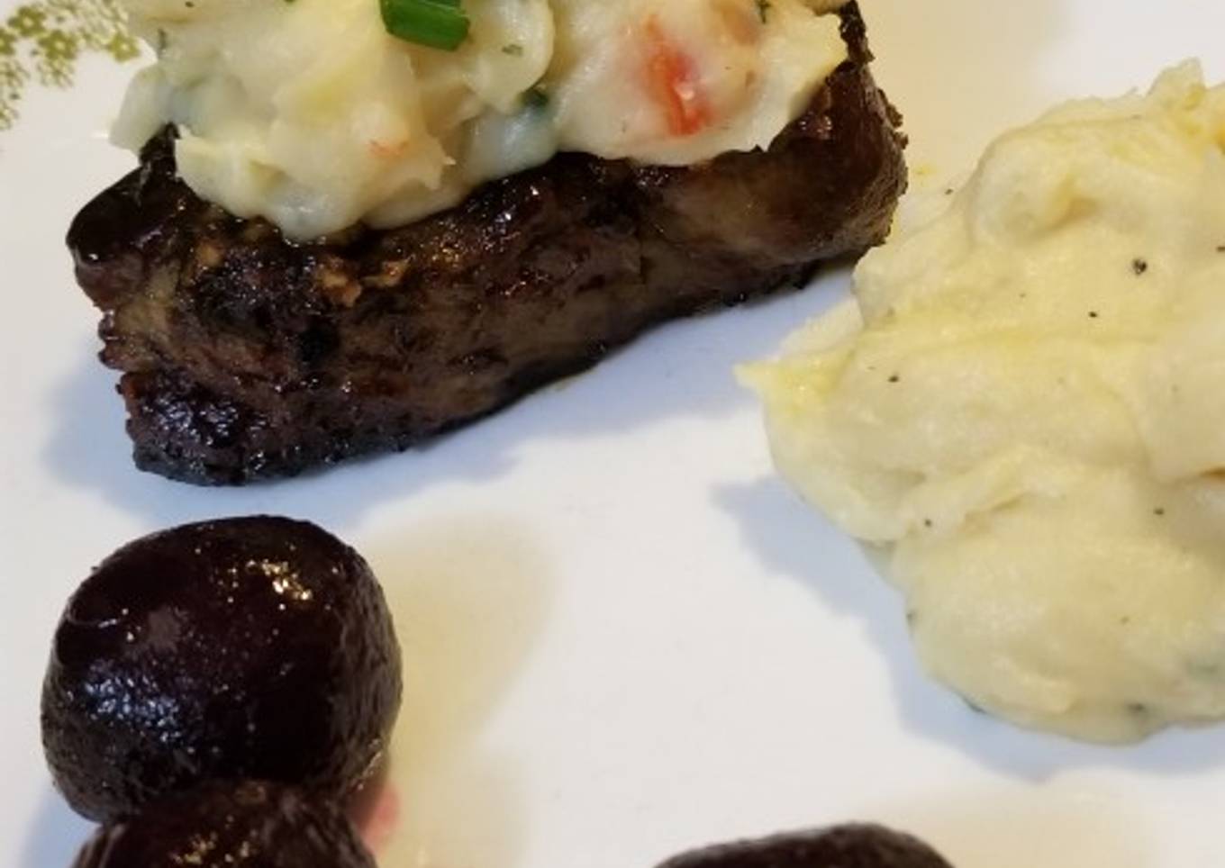 Striploin steak and crabmeat mashed potatoes with beets