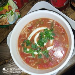 A picture of Tomato soup with veggies.
