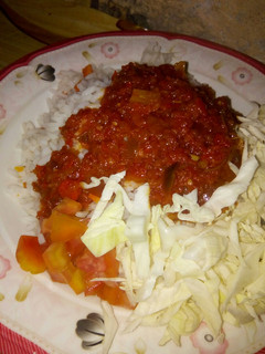 A picture of Carrot rice and stew with cabbage and tomatoes.