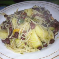 A picture of Mixture of spaghetti njahi and potatoes.