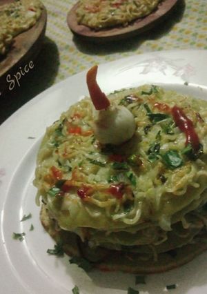 A picture of Indonesian Martabak Mie recipe with Bengali Fusion 🍝(pancake).