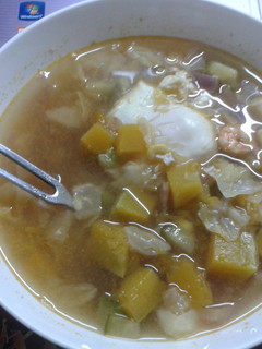 A picture of Spicy and Sour Pumpkin Vegetable Shrimp Soup.