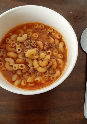 A picture of Elbow Pasta Soup with Ground Beef.