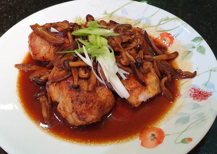 Miso glazed fish with soy mushroom sauce