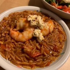 Orzo with prawn, tomato and feta cheese A picture of Orzo with prawn, tomato and feta cheese.
