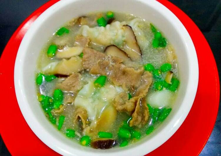 Resep Sup jamur Shitake+pangsit+daging sukiyaki Anti Gagal