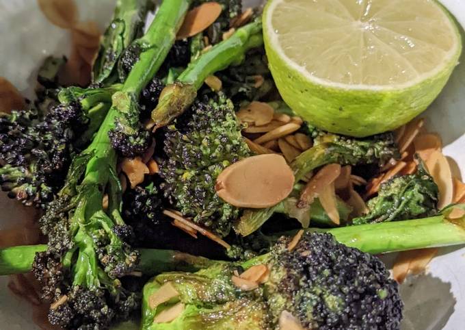 Stir-fry purple sprouting broccoli with toasted almonds and lime
