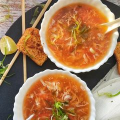 A picture of Restaurant style hot n sour soup.