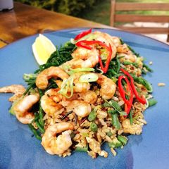 Grilled prawns with egg wild fried rice and samphire A picture of Grilled prawns with egg wild fried rice and samphire.