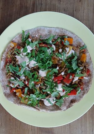A picture of Vegan gyros on flatbread.