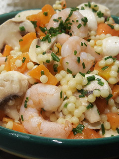 A picture of Pasta Pearl and Shrimp Salad.