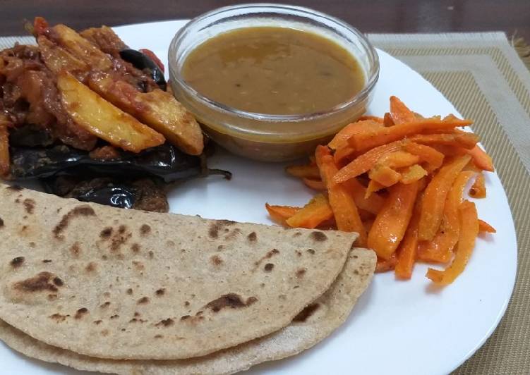 Brinjal n Potatoes with daal n roti n carrots# Indian dish conte