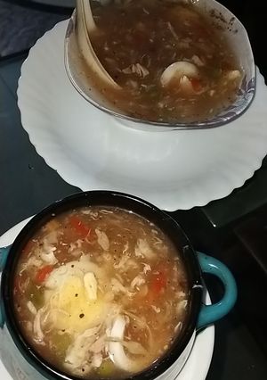 A picture of Chicken and vegetables soup.