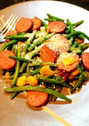 A picture of Haricots Verts Amandine with Beef Smoked Sausage.