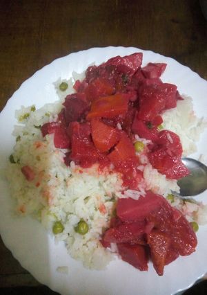 A picture of Rice with beetroot stew#author,s contest.