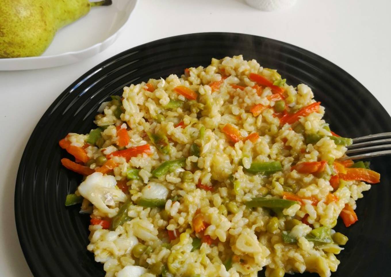 Bacalao con arroz integral y verduritas