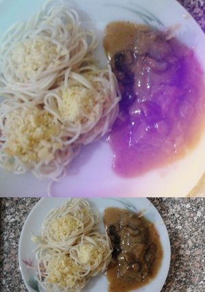 صورة لوصفة لحم بالصوص البني والكريمة مع معكرونة 🥩🥩🤩🤩
