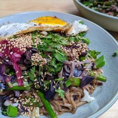 Creamy sesame noodles + veg stir-fry A picture of Creamy sesame noodles + veg stir-fry.