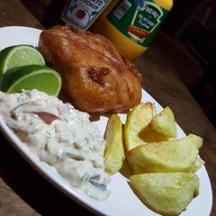 A picture of Beer batter fish and chips.