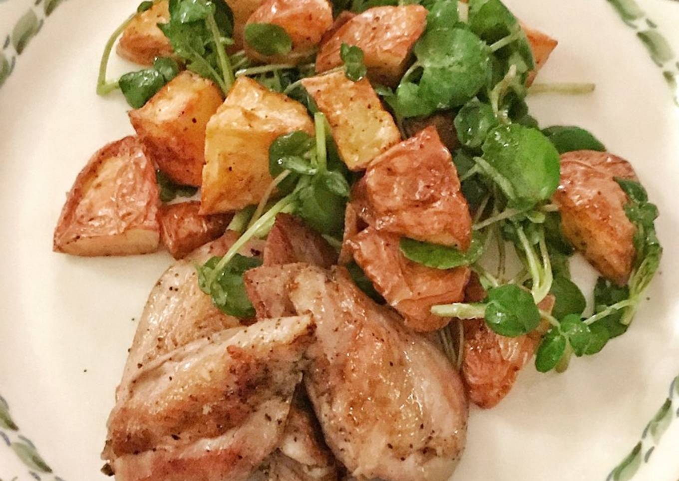 Sauce video quail breast with hot potatoes and watercress salad