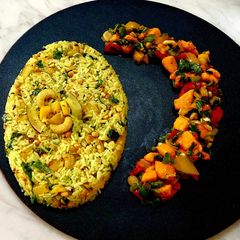 A picture of Raw Mango Rice with Ripe Mango Salsa.