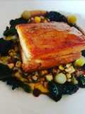 Apple glazed braised Pork belly with fricasse of sweetcorn, lardons and fregola pasta