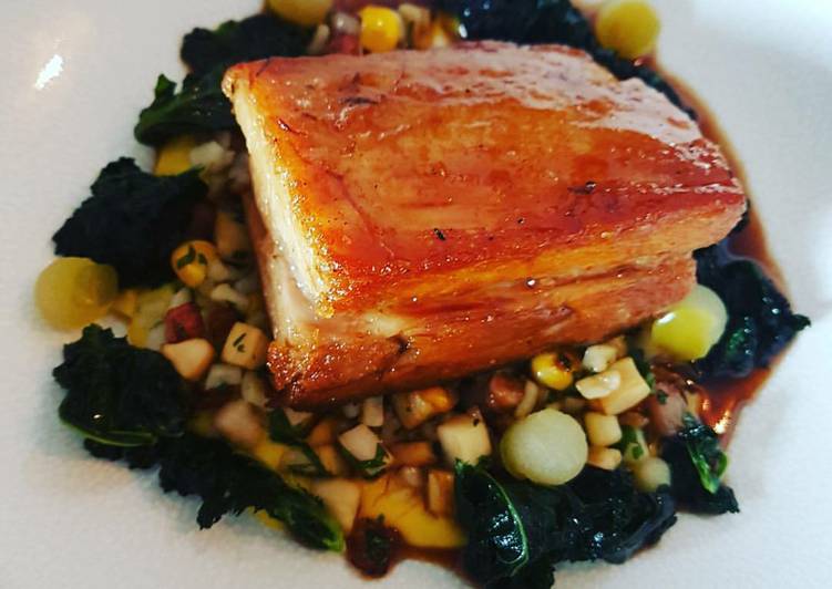 Simple Way to Prepare Quick Apple glazed braised Pork belly with fricasse of sweetcorn, lardons and fregola pasta