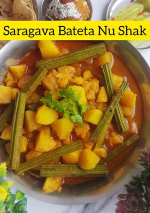 A picture of Saragava Bateta nu Shak (drumstick potato curry).