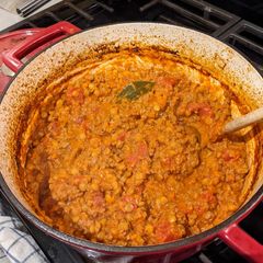 A picture of Dutch Oven Meat and Lentil Sauce.