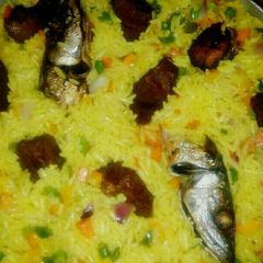 Fried rice with beef and fish A picture of Fried rice with beef and fish.