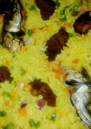 A picture of Fried rice with beef and fish.