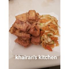 A picture of Tofu(Awara) and vegetables.