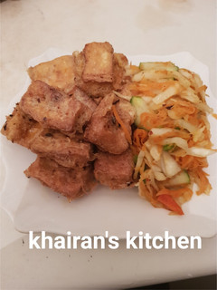 A picture of Tofu(Awara) and vegetables.