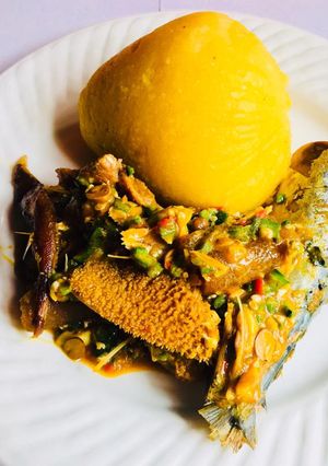 A picture of Okro soup with eba.