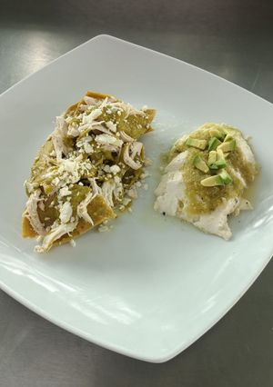 A picture of Chilaquiles with Poblano Chile Sauce.