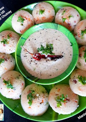 A picture of Carrot Green Peas Rava Idli with Coconut Chutney - South Indian Breakfast.