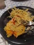 Wok de tallarines con verduras y milanesa de zapallo