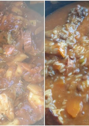 Una foto de Guiso de arroz con lenteja carne de cerdo y chorizos 😋