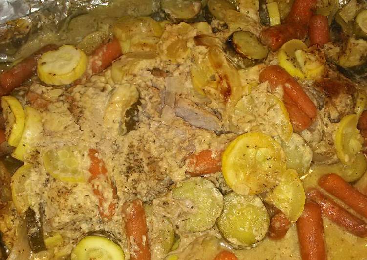 Recipe of Homemade Foil wrapped honey mustard pork loin with zucchini, squash, and baby carrots