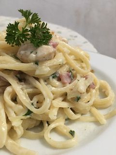 Foto resep Fettucini Carbonara Modif (Rebus pasta di susu!)