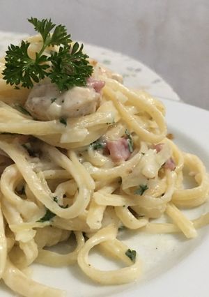 Foto resep Fettucini Carbonara Modif (Rebus pasta di susu!)