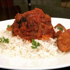 A picture of White Rice,Plantain and Stew.